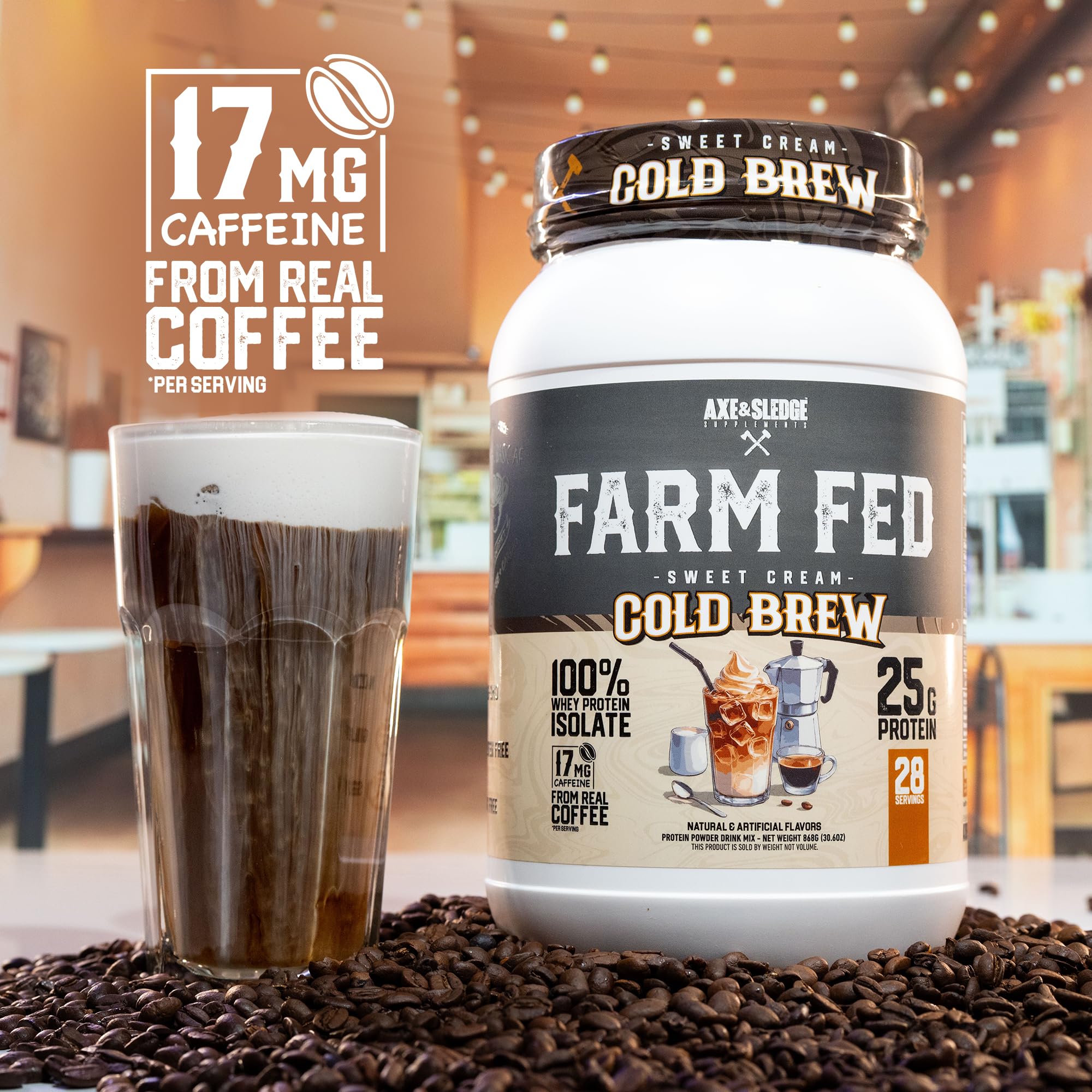 Axe & Sledge Farm Fed Sweet Cream Cold Brew flavor bottle showcased for tasty daily protein.