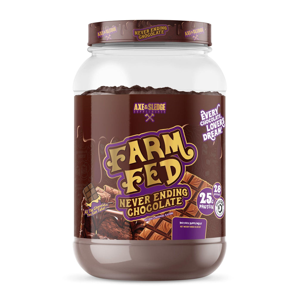 Axe & Sledge Farm Fed whey protein bottle being poured for post-workout recovery.