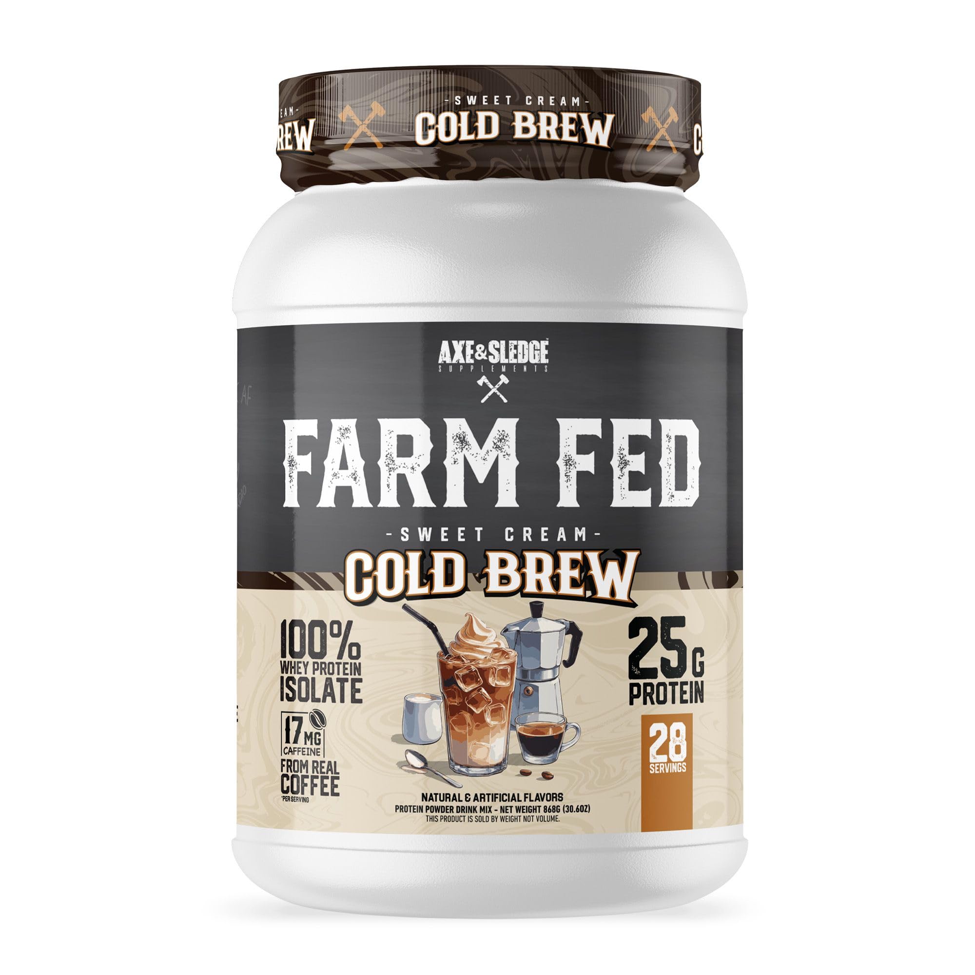 Axe & Sledge Farm Fed whey isolate bottle and scoop for fast post-workout protein.