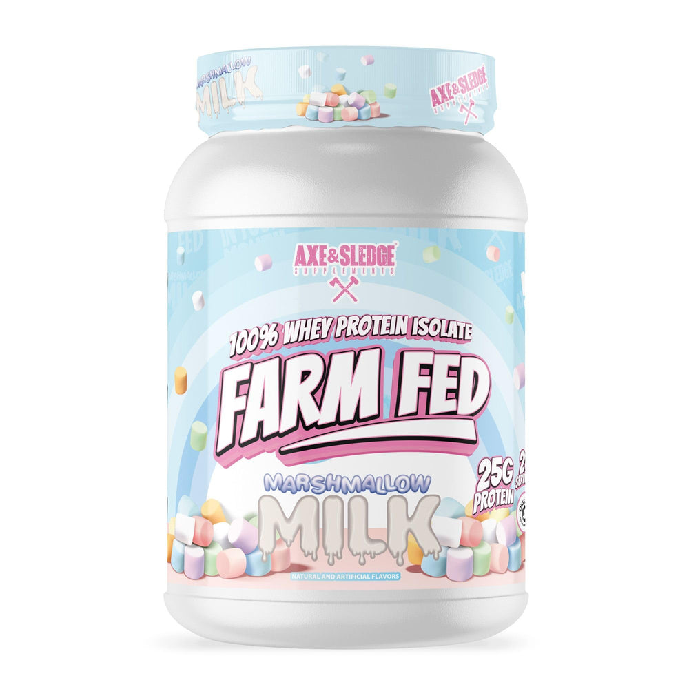 Axe & Sledge Farm Fed whey jar shows 25g protein per serving for lean gains