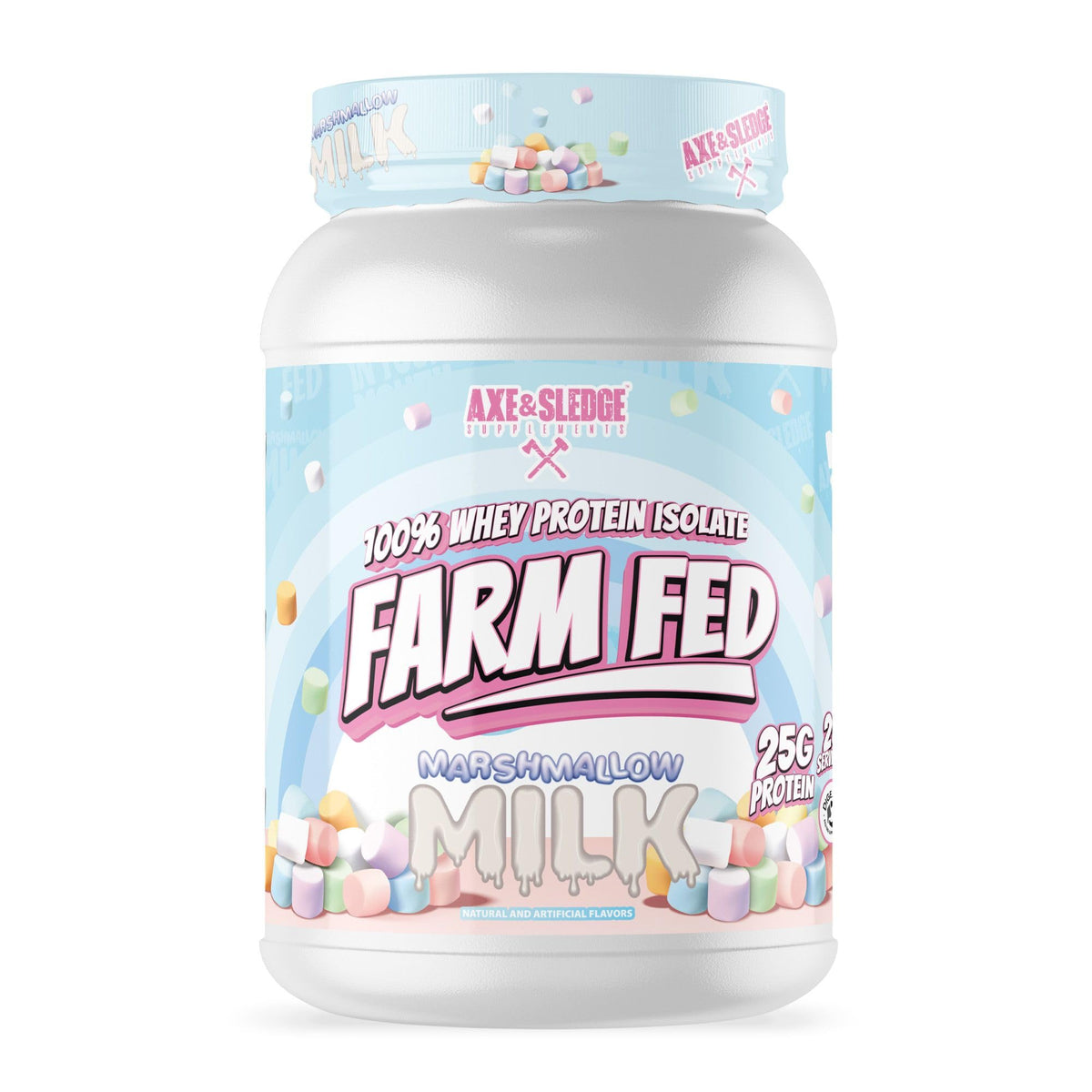 Axe & Sledge Farm Fed whey jar shows 25g protein per serving for lean gains