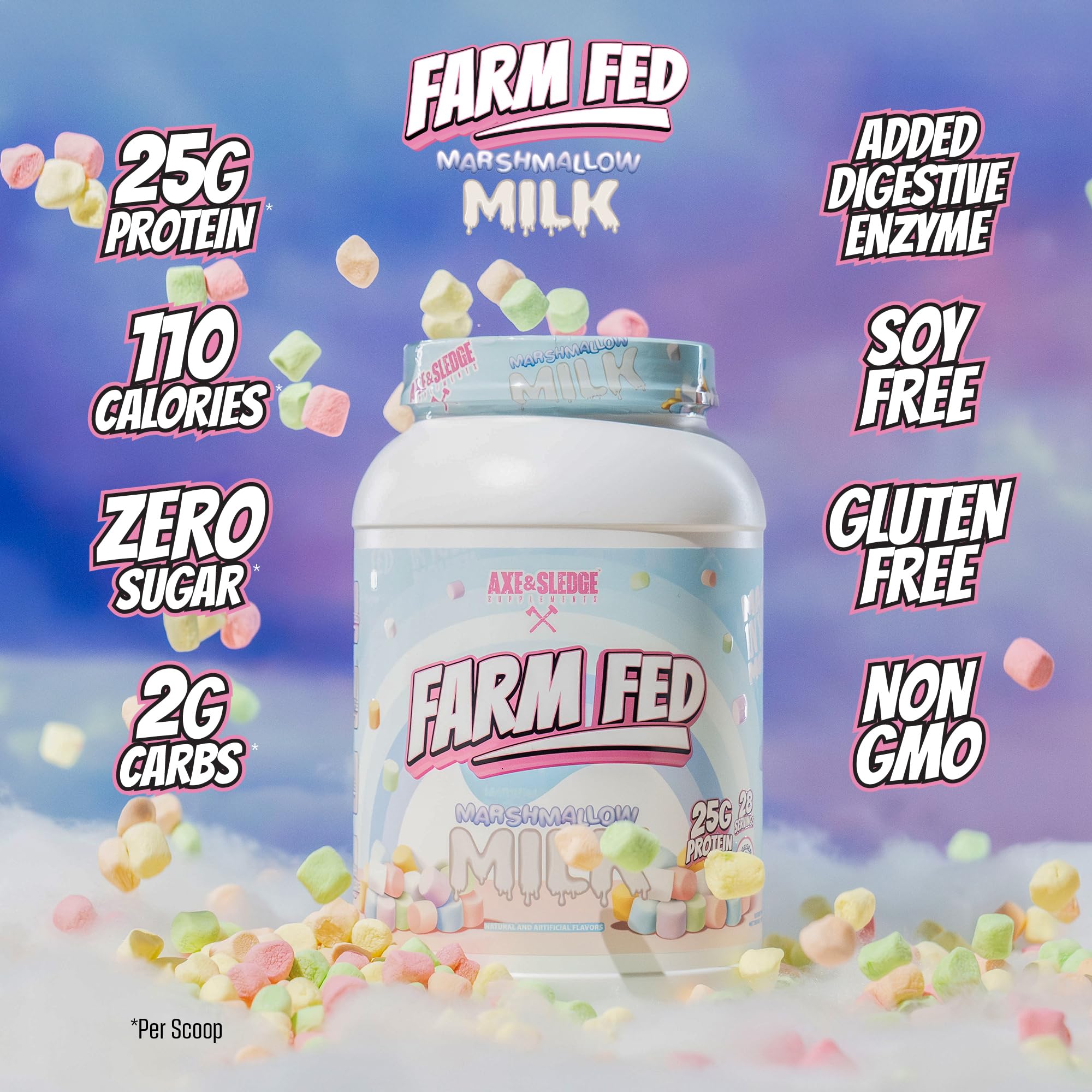 Axe & Sledge Farm Fed whey Marshmallow Milk label highlights flavor and macros