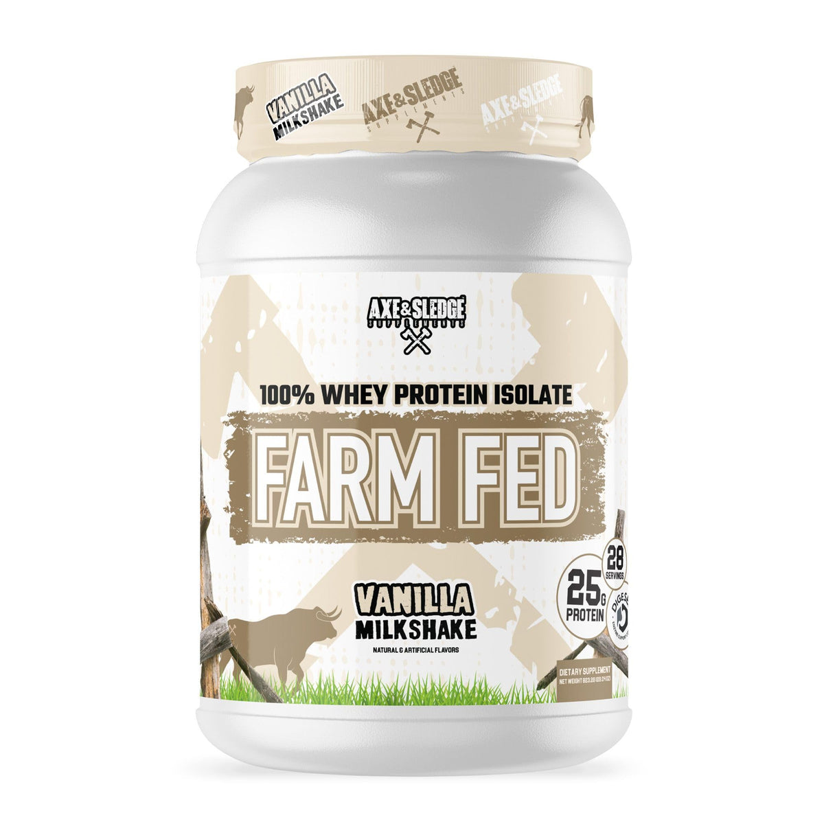 Axe & Sledge Farm Fed vanilla whey bottle shows 25g protein per serving.