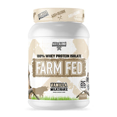 Axe & Sledge Farm Fed vanilla whey bottle shows 25g protein per serving.