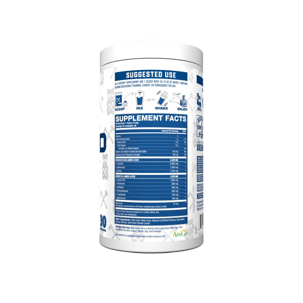 Axe & Sledge The Grind scoop beside the tub highlights convenient, stimulant-free recovery support.