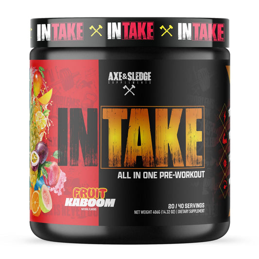 Axe & Sledge Intake tub front showing bold packaging for long-lasting energy