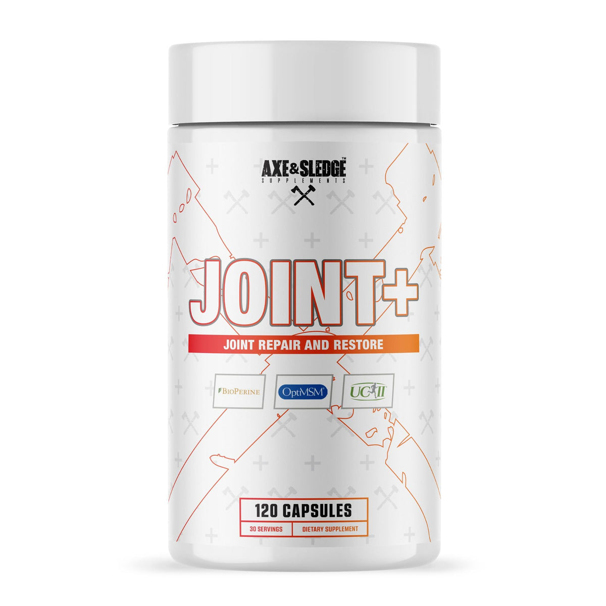 Axe & Sledge Joint+ bottle highlighting glucosamine support for joints.