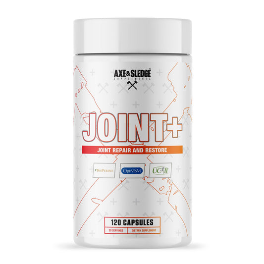 Axe & Sledge Joint+ bottle highlighting glucosamine support for joints.