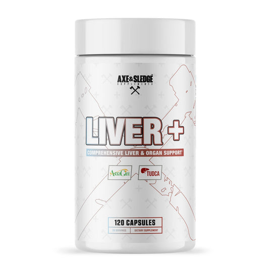 Axe & Sledge Liver+ bottle close-up shows vegan capsules for liver support