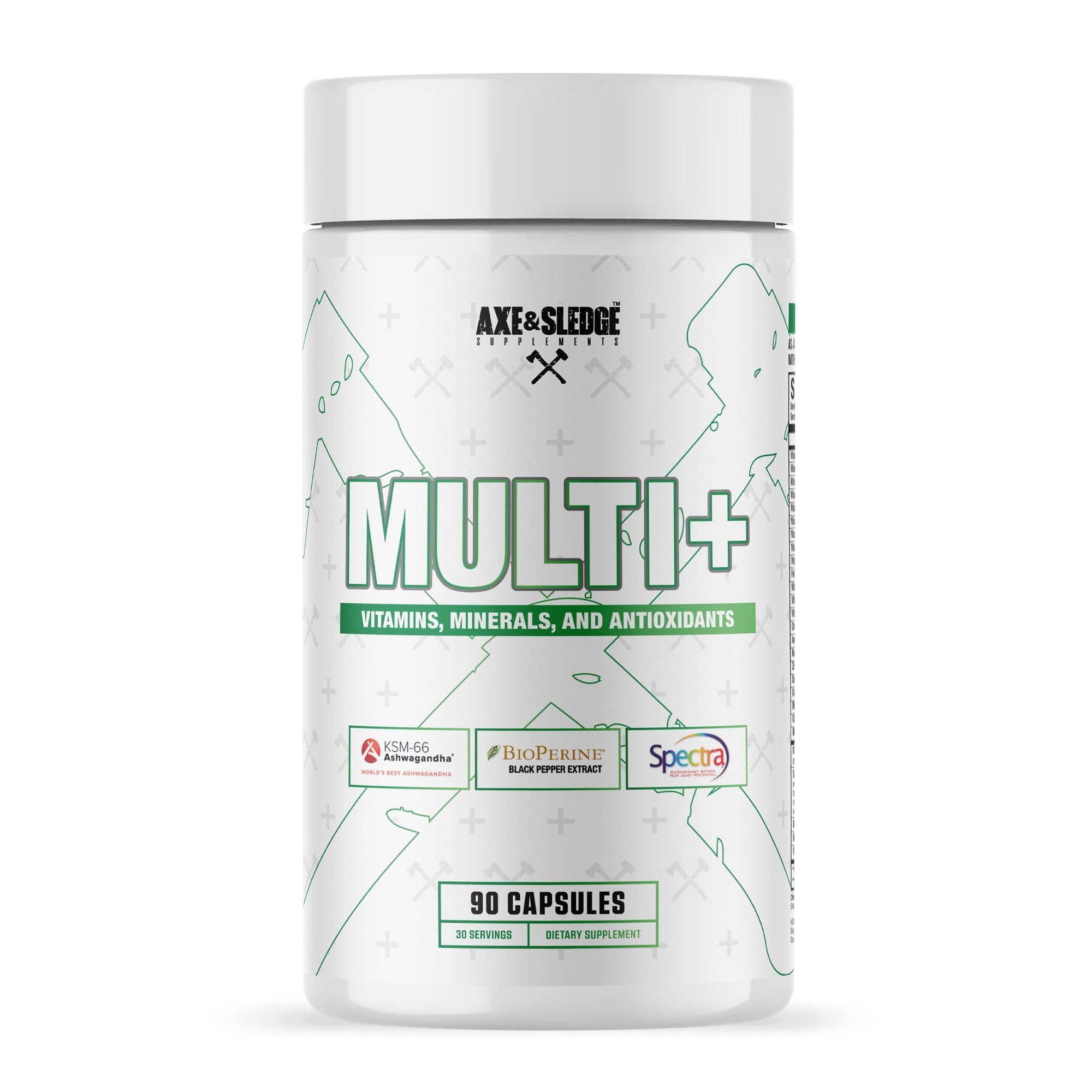 Axe & Sledge Multi Plus bottle front with 90 veggie capsules for daily nutrition