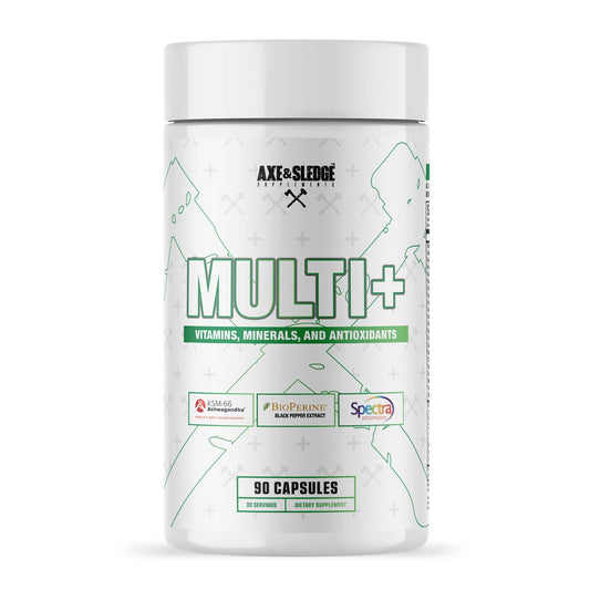 Axe & Sledge Multi Plus bottle front with 90 veggie capsules for daily nutrition