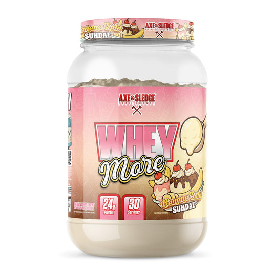 Axe & Sledge WHEY MORE Banana Split Sundae tub front for a creamy post-workout shake.