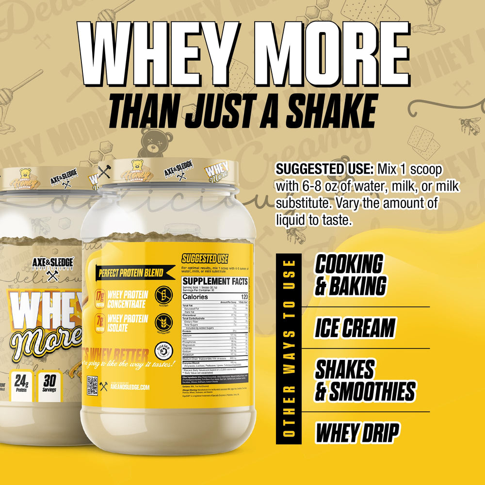 Axe & Sledge Whey More powder scoop added to smoothie for protein boost.