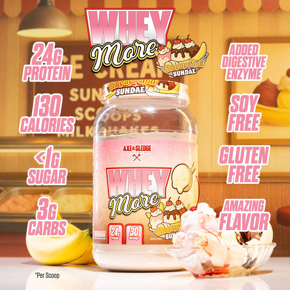 Axe & Sledge WHEY MORE protein shake glass highlighting creamy texture and flavor.