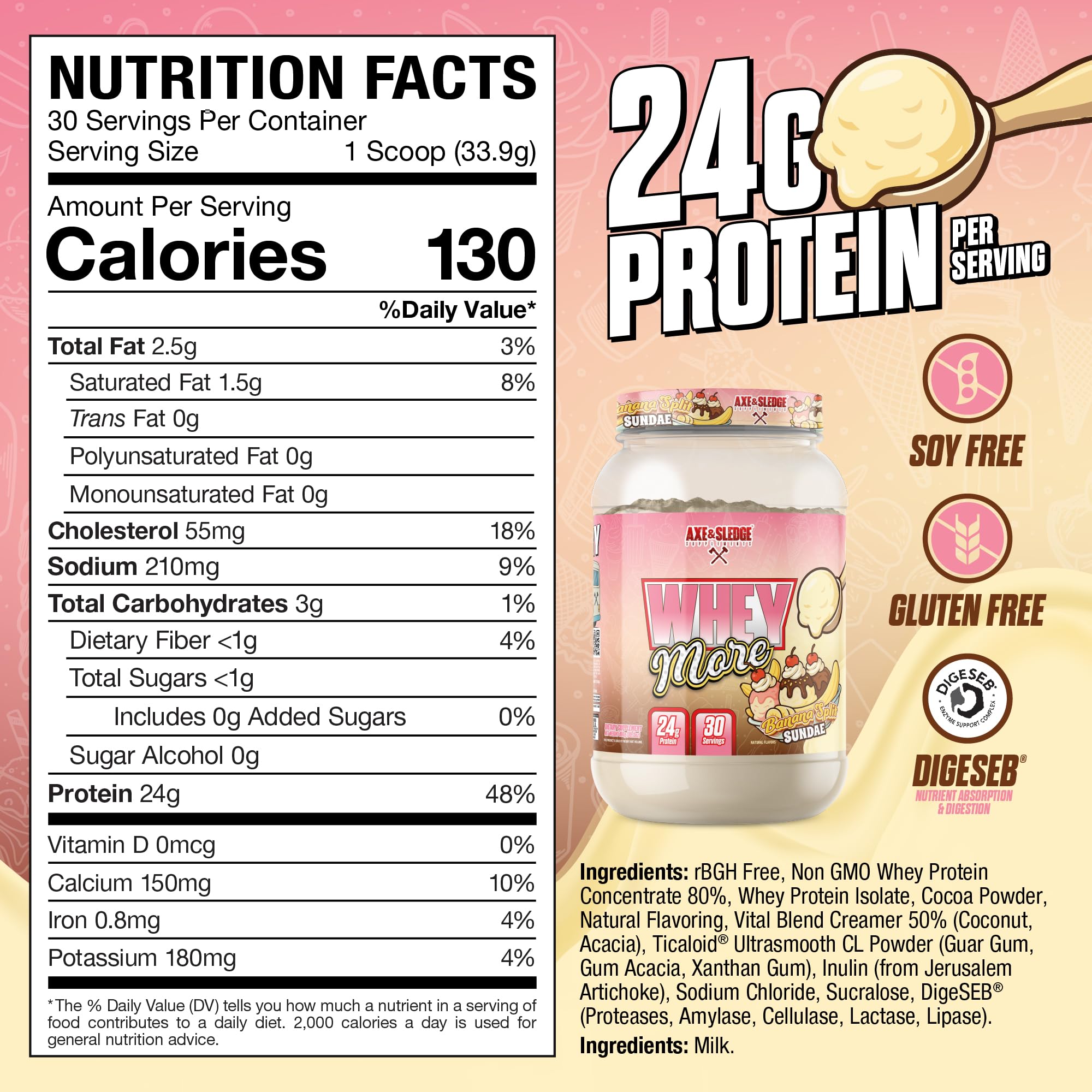 Scoop pouring into mixer with Axe & Sledge WHEY MORE for smooth, blendable shakes.