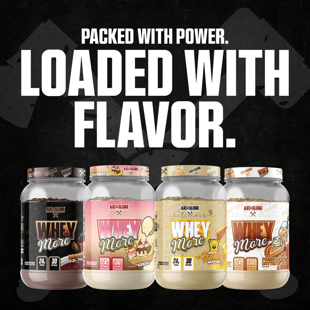 Axe & Sledge Whey More smoothie bowl adorned with fruit.