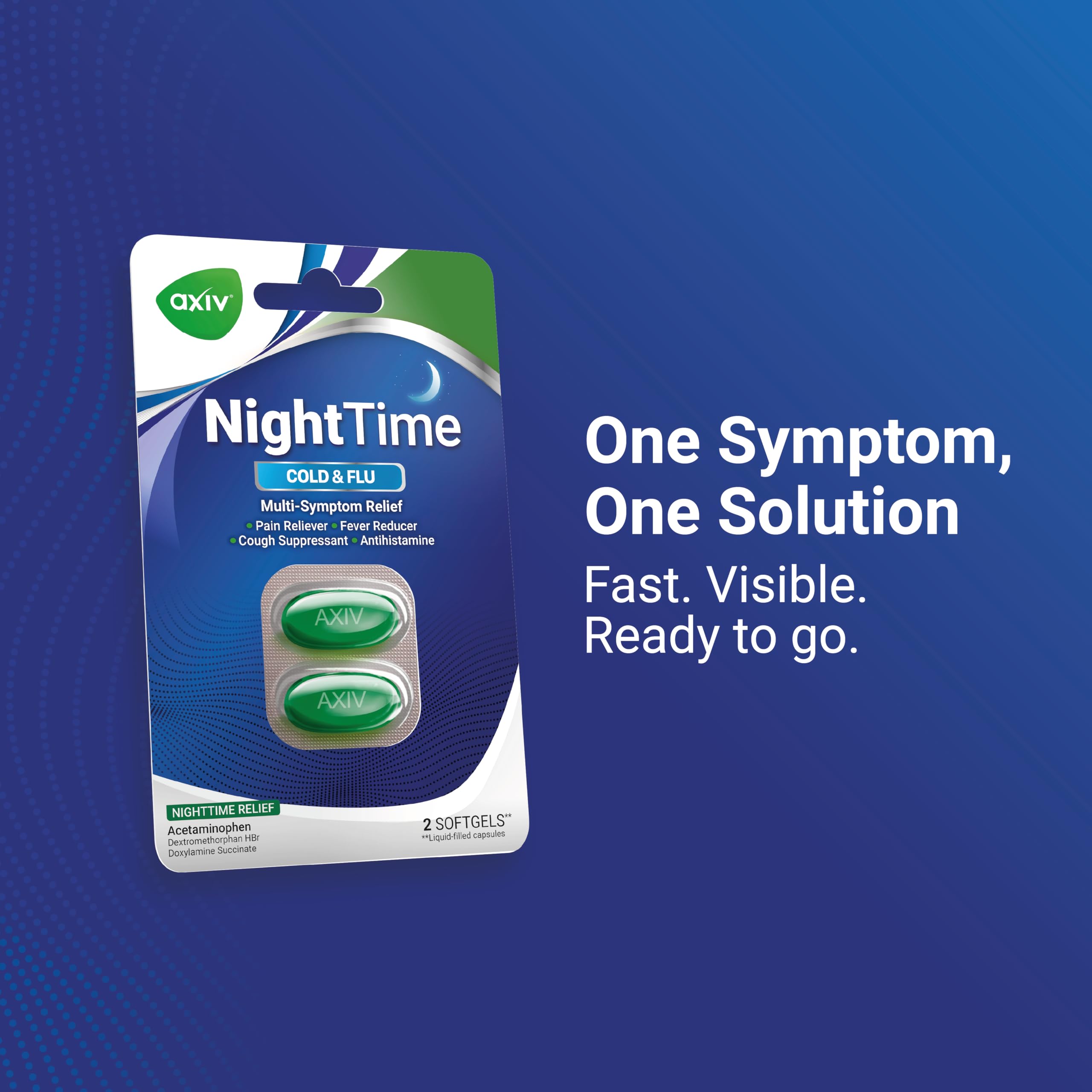 AXIV Nighttime Relief softgels beside the bed for easy night dosing.