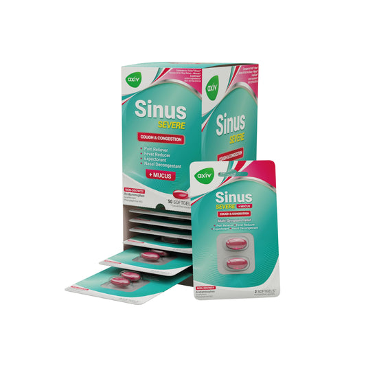 AXIV Sinus Severe + Mucus Relief bottle for quick, on-the-go mucus relief.