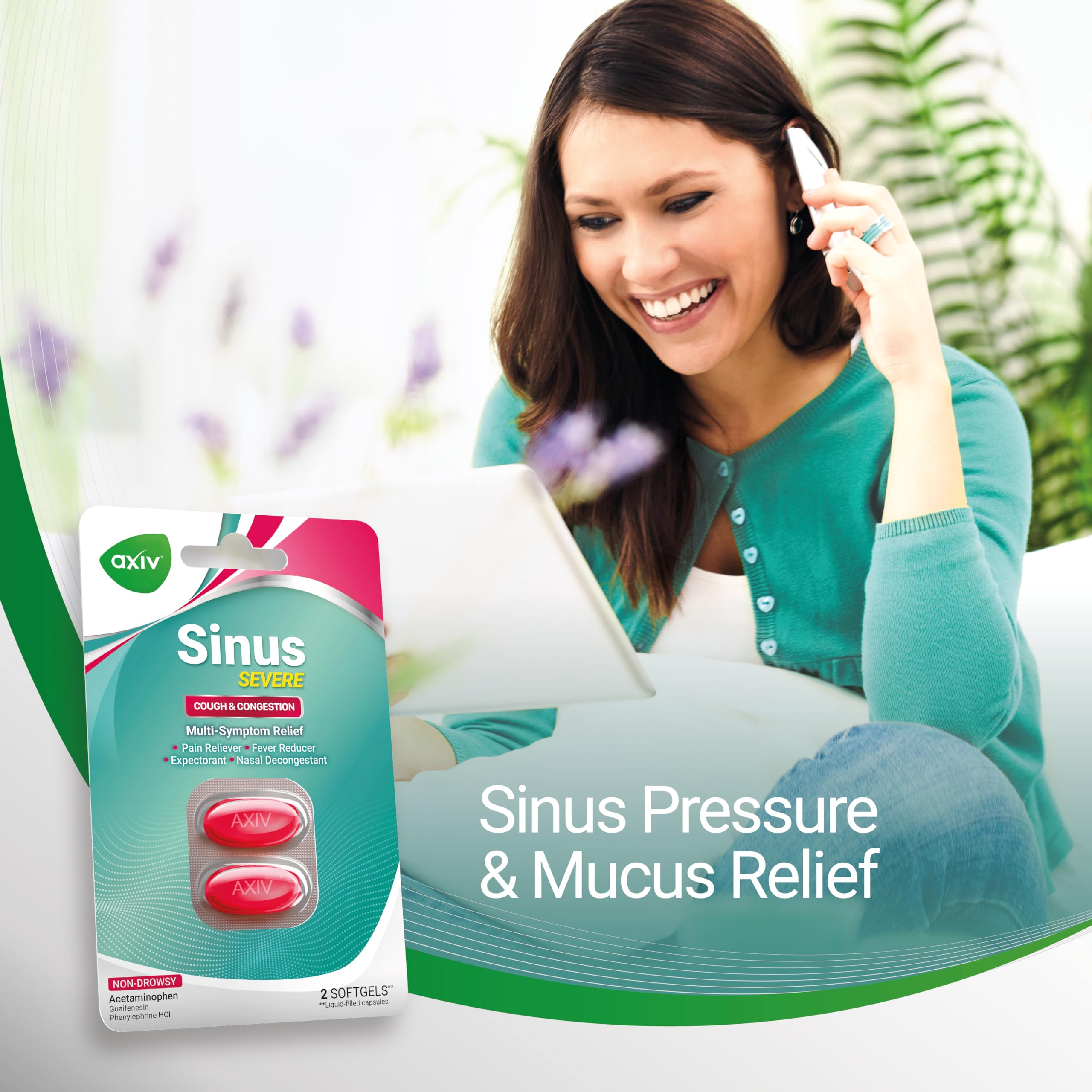 AXIV Sinus Severe two-softgel blister pack emphasizing portable dosing.