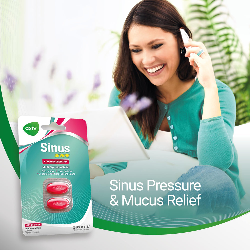 AXIV Sinus Severe two-softgel blister pack emphasizing portable dosing.