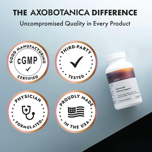 Axobotanica Kidney Cleanse capsules closeup highlighting vegan, non-GMO formula for kidney health.