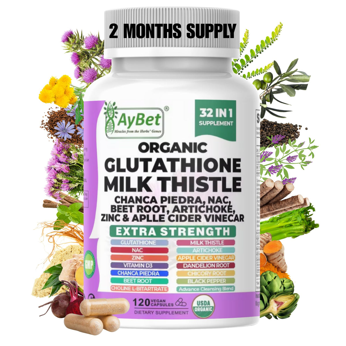 AyBet glutathione NAC milk thistle supplement bottle for daily liver support.