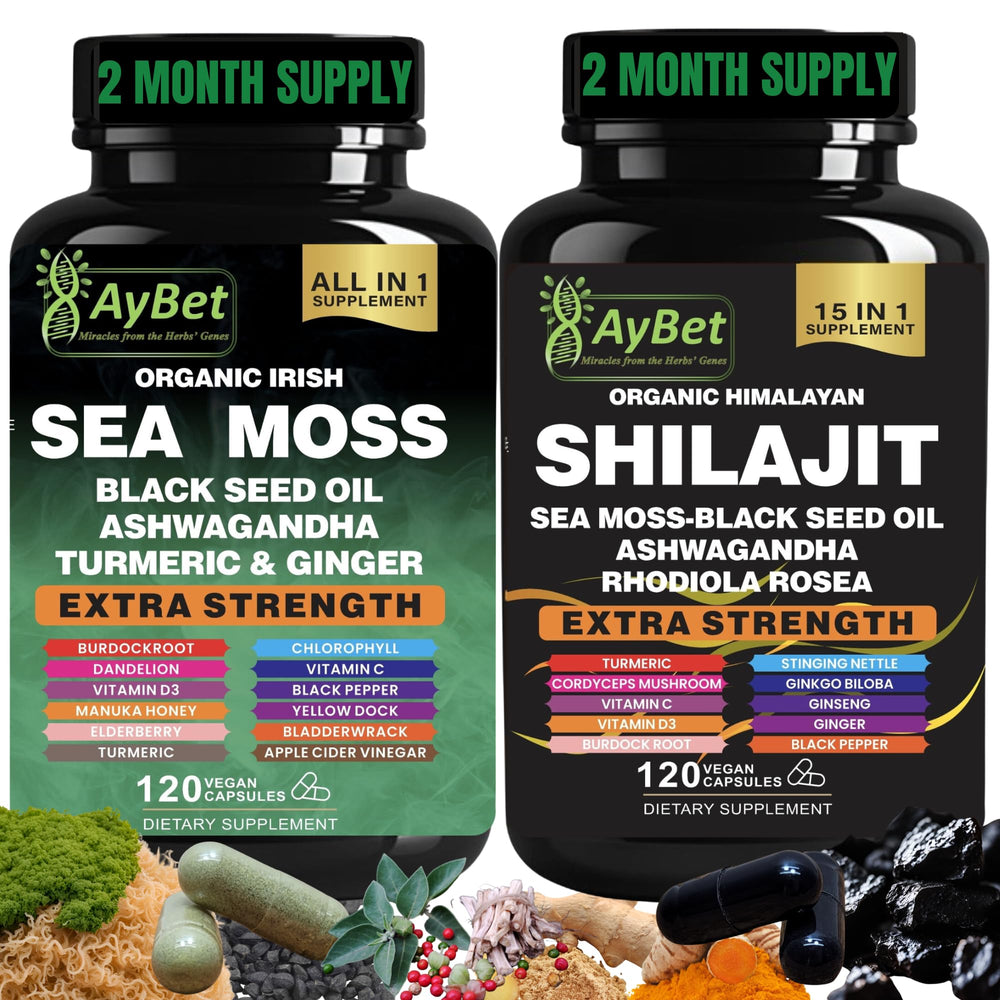 AyBet sea moss shilajit bundle bottle highlights an all-in-one wellness formula.