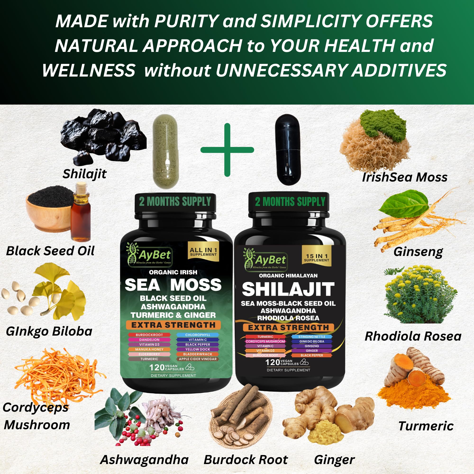 AyBet sea moss shilajit capsules closeup shows minerals-rich daily capsules.