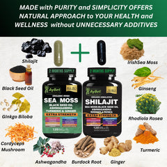AyBet sea moss shilajit capsules closeup shows minerals-rich daily capsules.