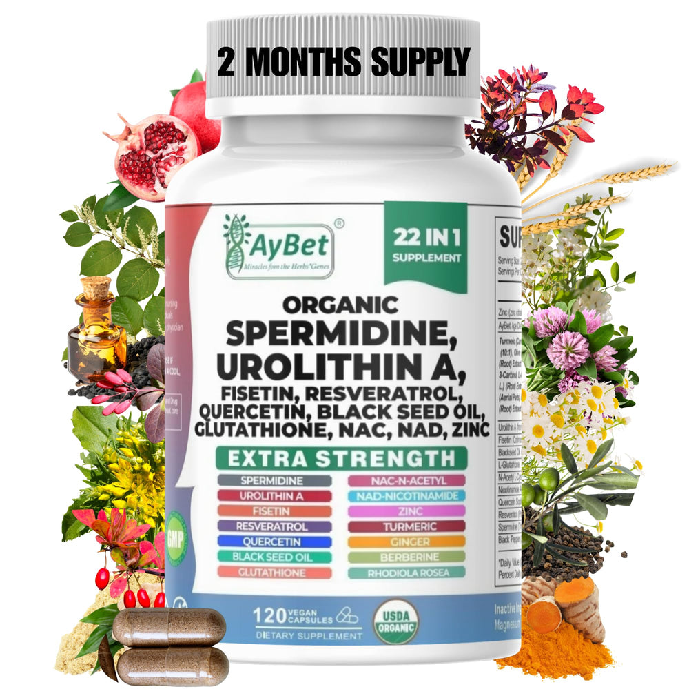 AyBet Spermidine Urolithin A bottle with longevity support and daily vitality