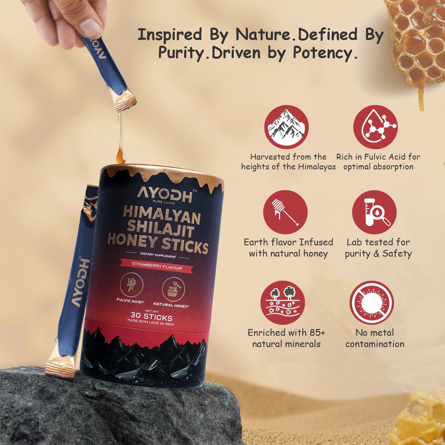 AYODH Himalayan Shilajit Honey Stick on-the-go use—compact single-serve.