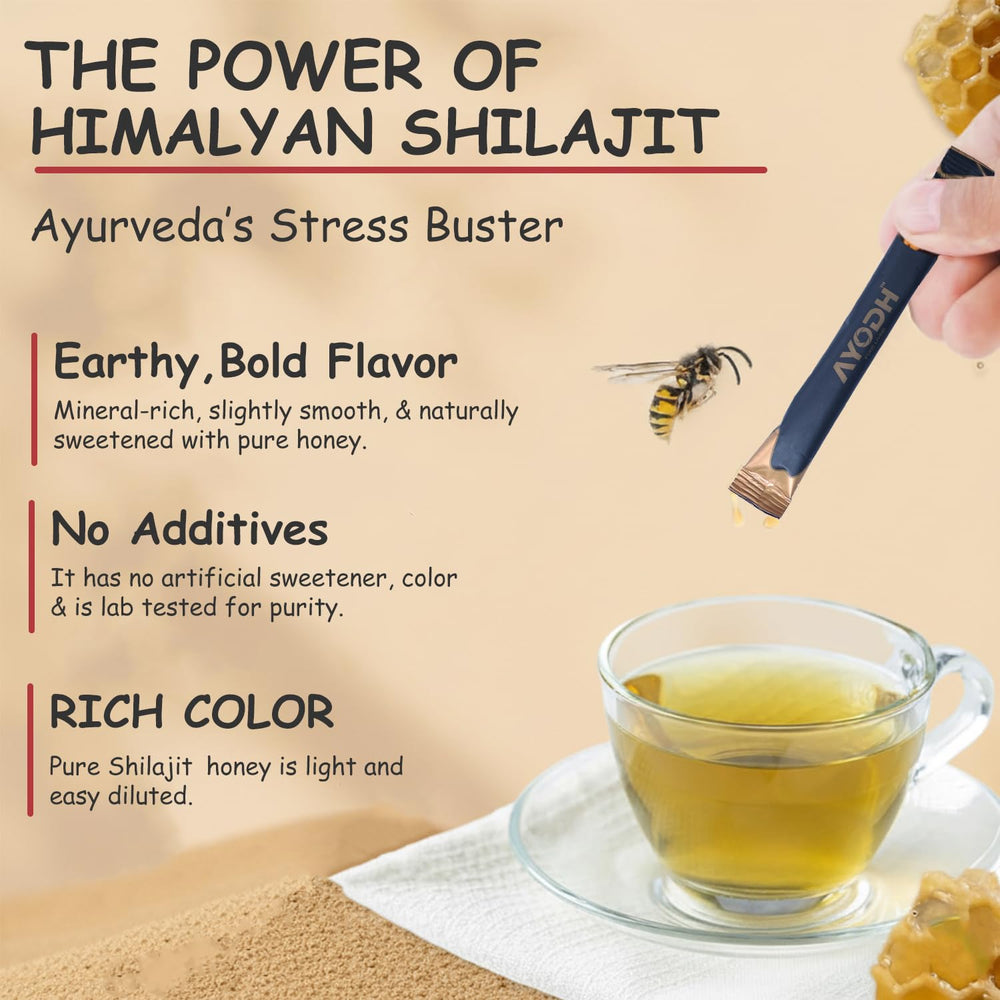 AYODH Himalayan Shilajit Honey Stick tea pour—smooth, quick energy lift.