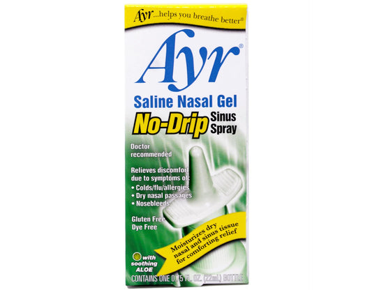 AYR saline no-drip spray action showing targeted relief without mess