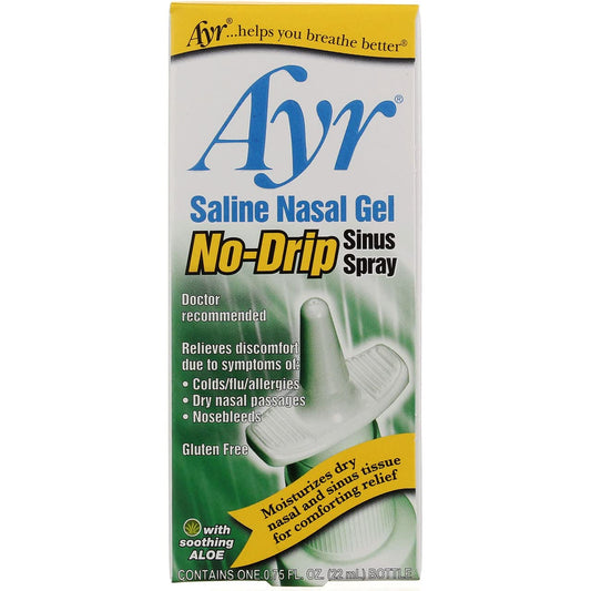 AYR Saline Nasal Gel No-Drip Spray mist release shows gentle moisture for dryness.