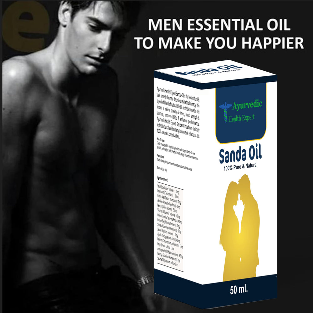 Front packaging of AYURVEDIC HEALTH EXPERT Sanda Oil emphasizes chemical-free formula for safe daily use