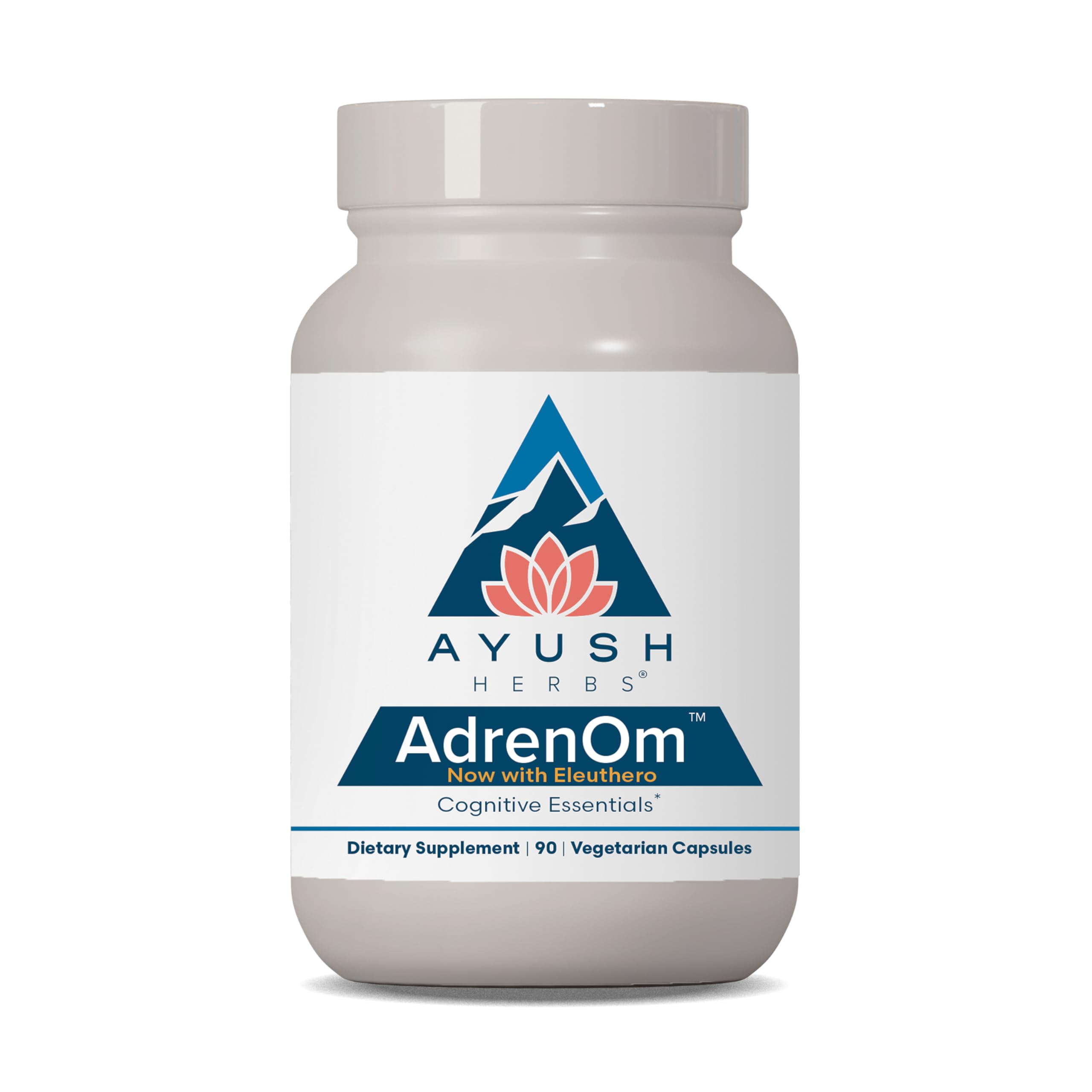 Ayush Herbs AdrenOm bottle front displaying premium adrenal support packaging