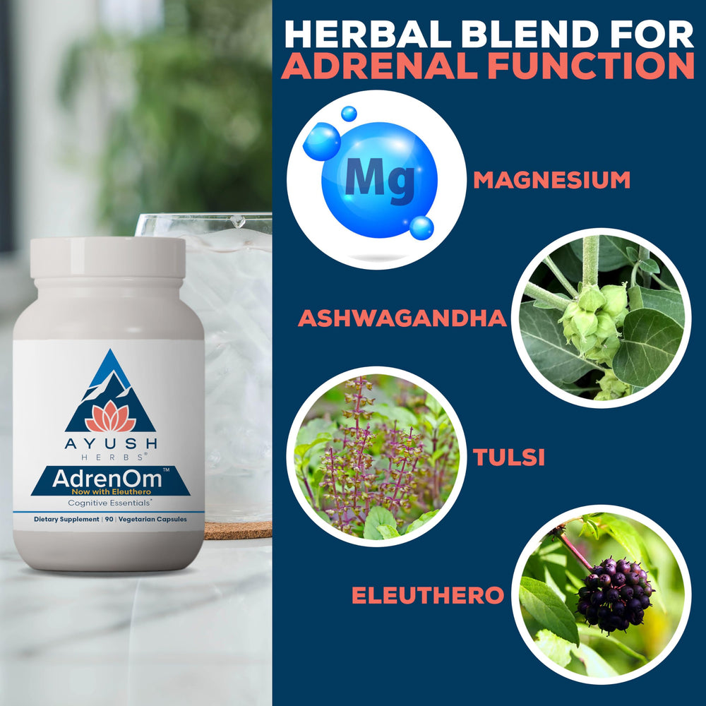 Ayush Herbs AdrenOm label closeup with herb ingredients