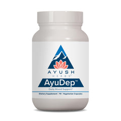 Ayush Herbs AyuDep saffron-ashwagandha bottle front promotes calm focus