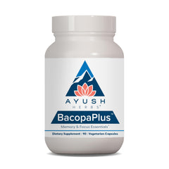 Ayush Herbs BacopaPlus bottle front showing organic memory support blend