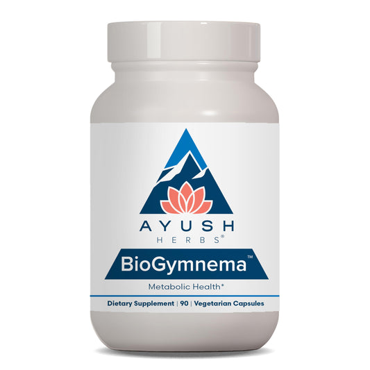 Ayush Herbs BioGymnema bottle label highlighting metabolic support and holistic blend