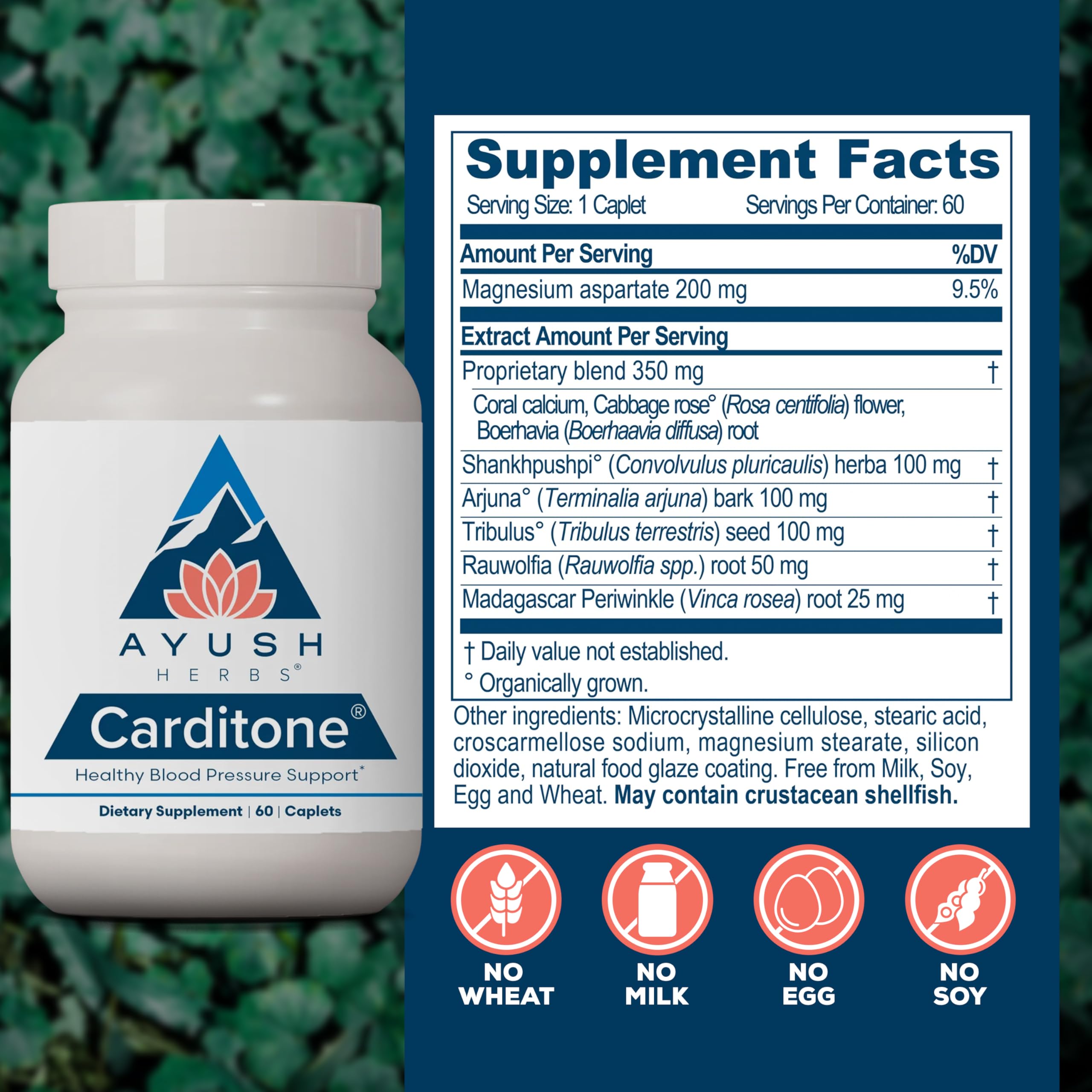 Ayush Herbs Carditone ingredient panel featuring rauwolfia and arjuna.