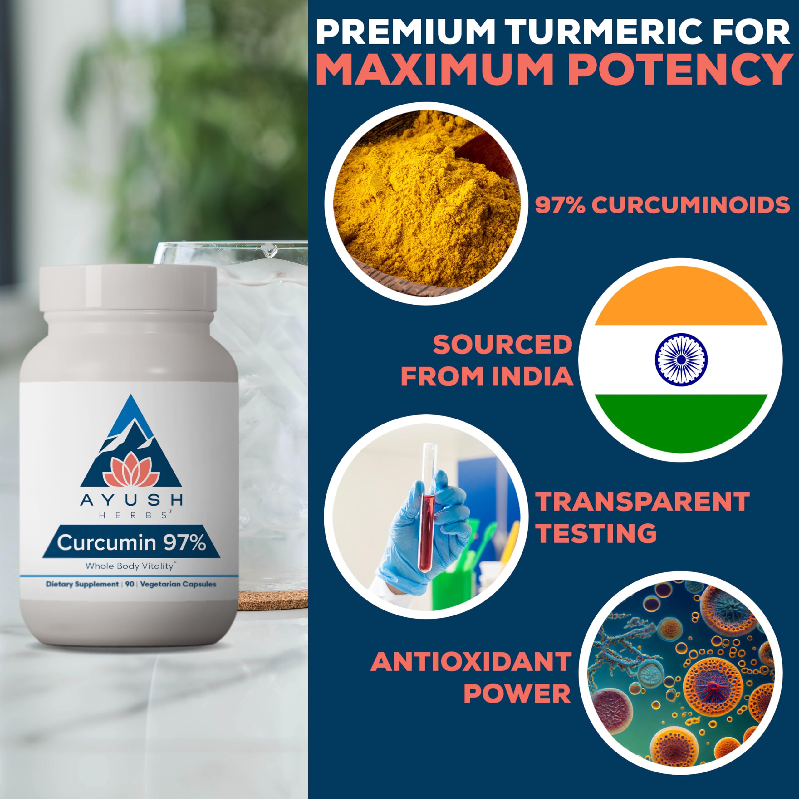 Ayush Herbs Curcumin 97% package displayed for digestive balance use