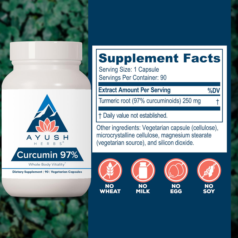 Ayush Herbs Curcumin 97% bottle label with QR potency results