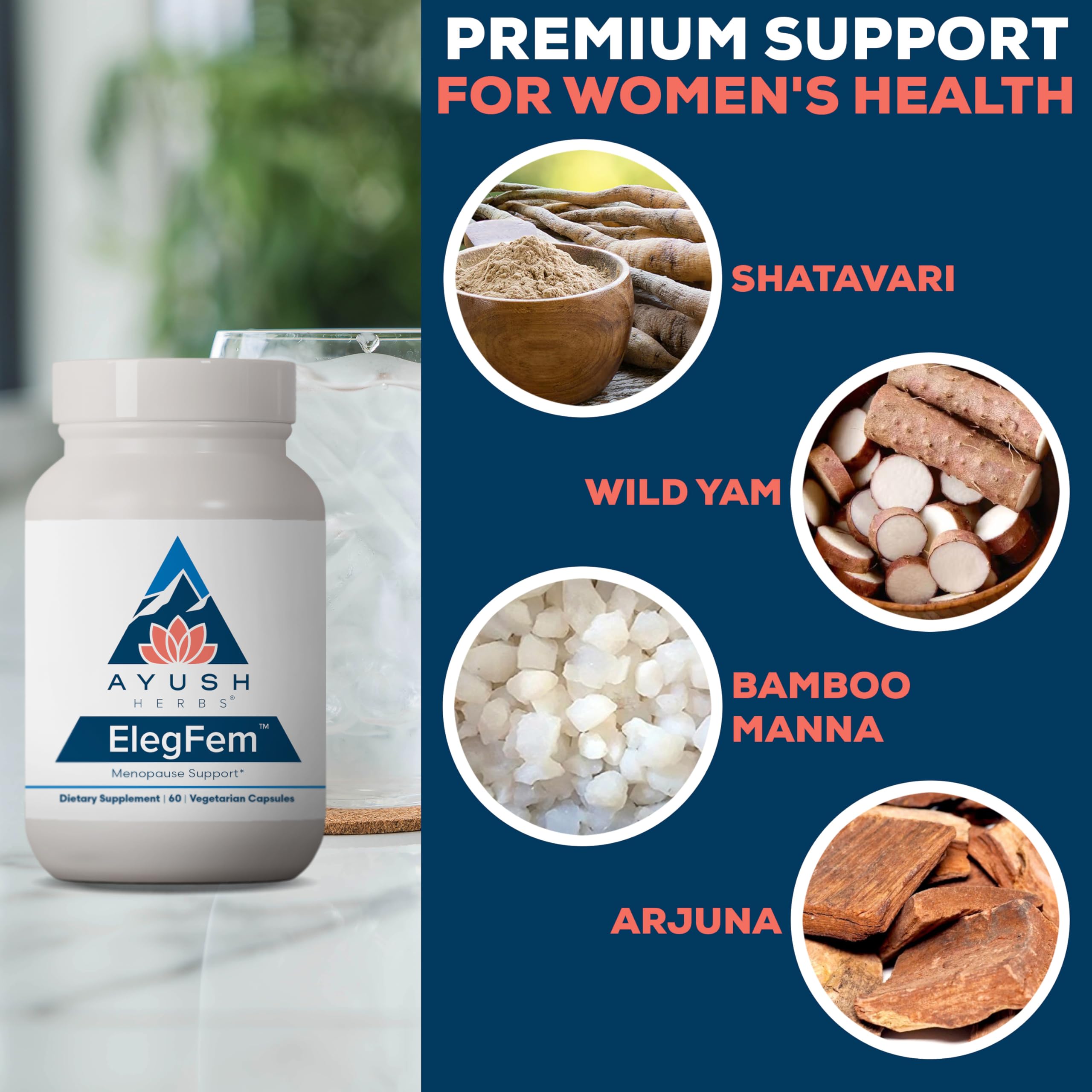 Pouring ElegFem capsules illustrating easy daily intake for hot flash relief