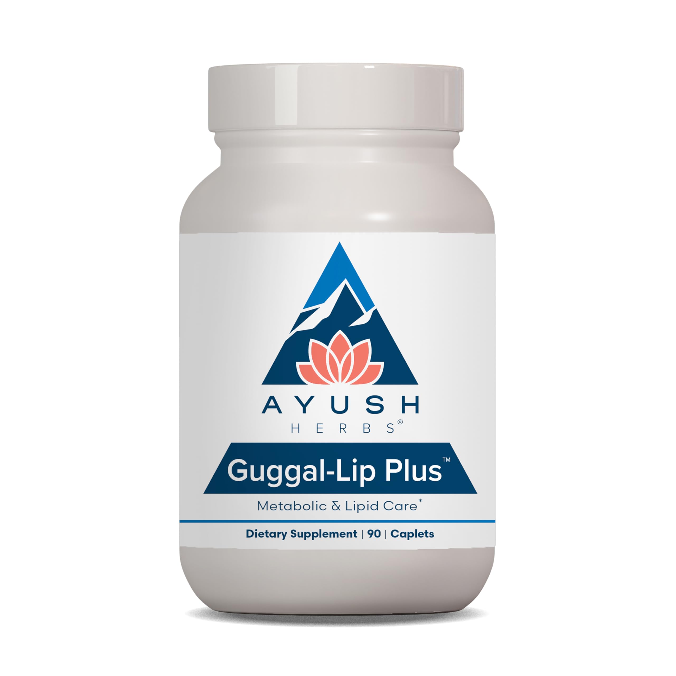 Ayush Herbs Guggal-Lip Plus bottle front showing 90 vegetarian caplets for daily metabolic support.