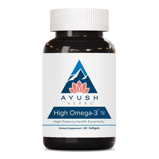 Ayush Herbs High Omega-3 bottle with lemon flavor for daily heart and joint support.