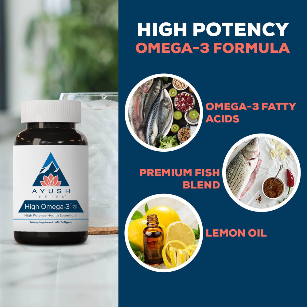 Ayush Herbs High Omega-3 bottle front label clearly presents serving details.