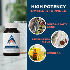 Ayush Herbs High Omega-3 bottle front label clearly presents serving details.