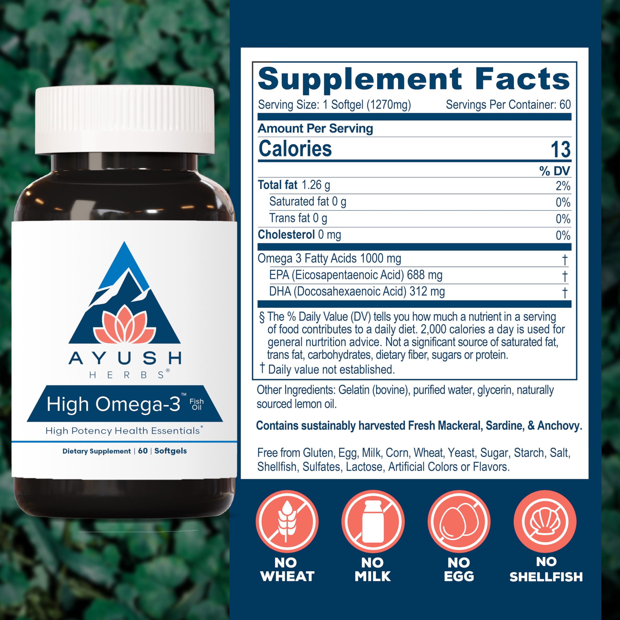Ayush Herbs High Omega-3 bottle front label emphasizing 1000 mg per capsule.
