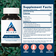 Ayush Herbs High Omega-3 bottle front label emphasizing 1000 mg per capsule.